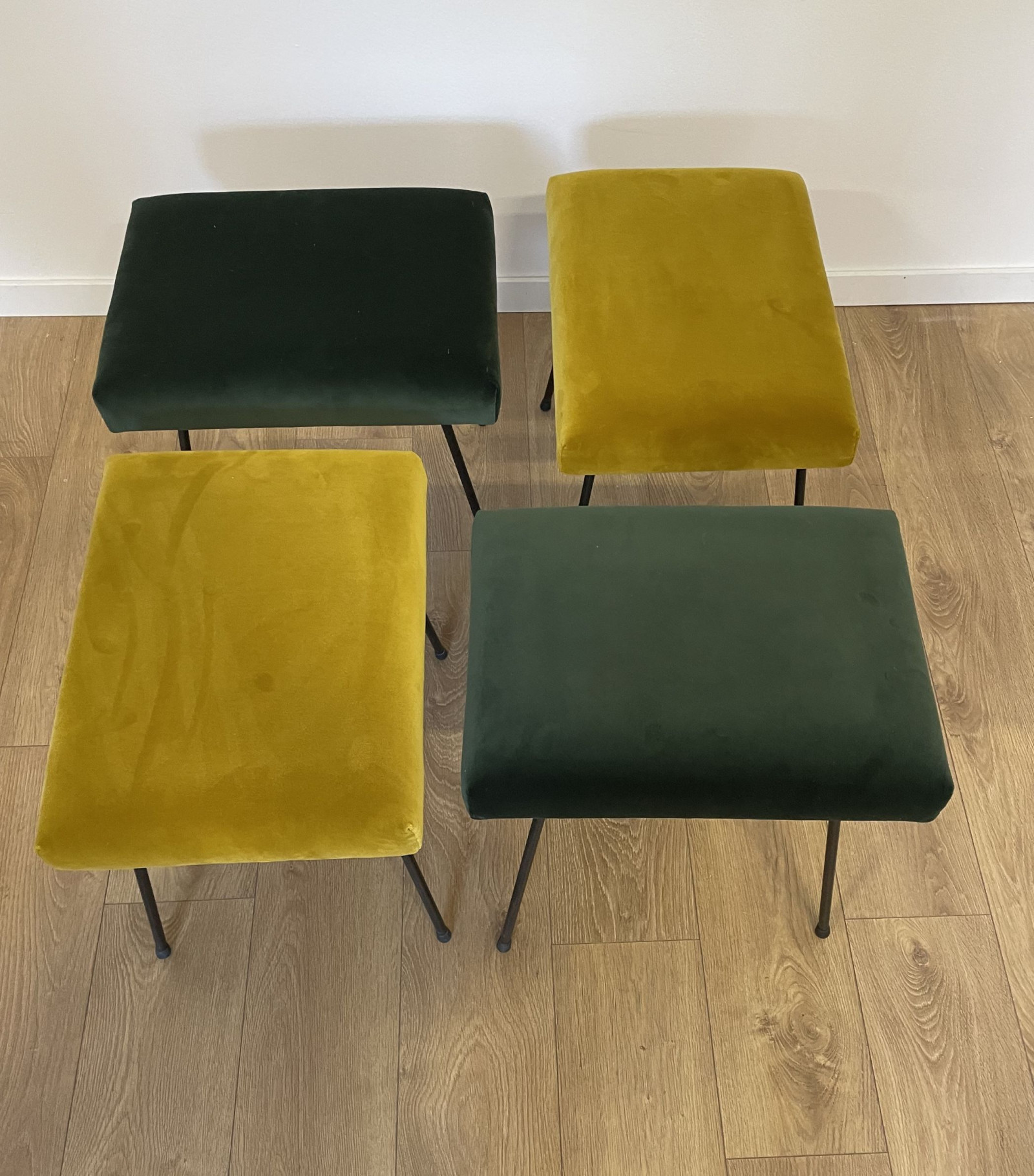 Four 1950's French  Stools in iron and velvet 